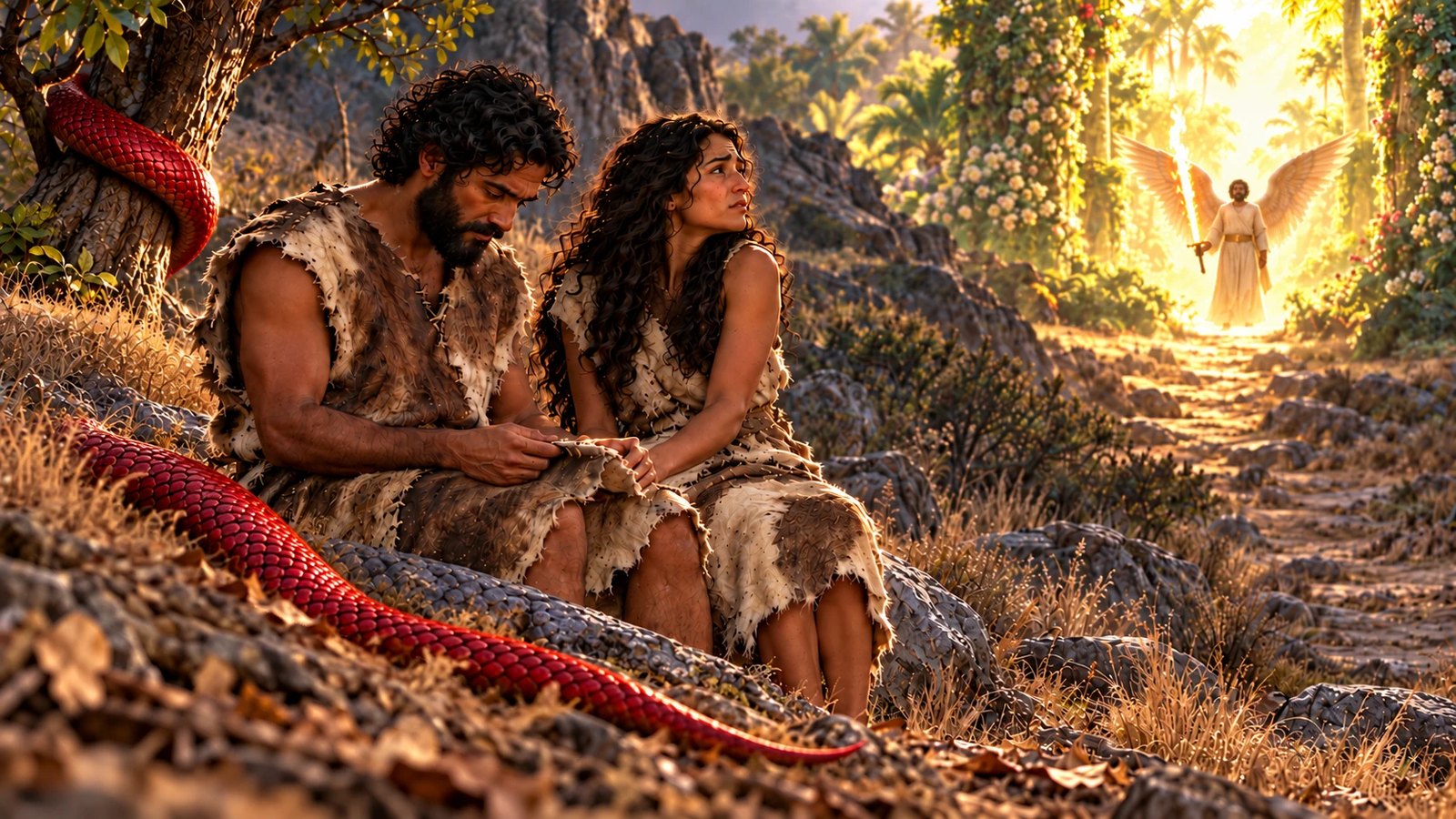 Adam and Eve outside Eden, looking back Illustration: Adam and Eve outside Eden, looking back. God clothes Adam and Eve in skins and sends them out of Eden. The serpent is cursed, and cherubim with a flaming sword guard the way to the tree of life.
