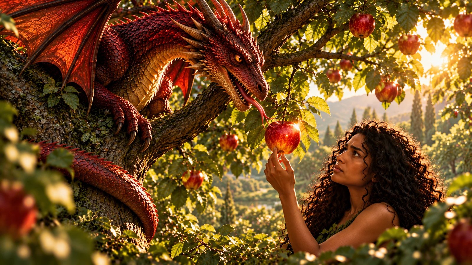 The dragon tempts Eve with radiant red fruit Illustration: The dragon tempts Eve with radiant red fruit. The tempter questions God's word and invites Eve to take the forbidden fruit. The dragon form is an interpretive picture of the serpent, drawn from Revelation's names for Satan.