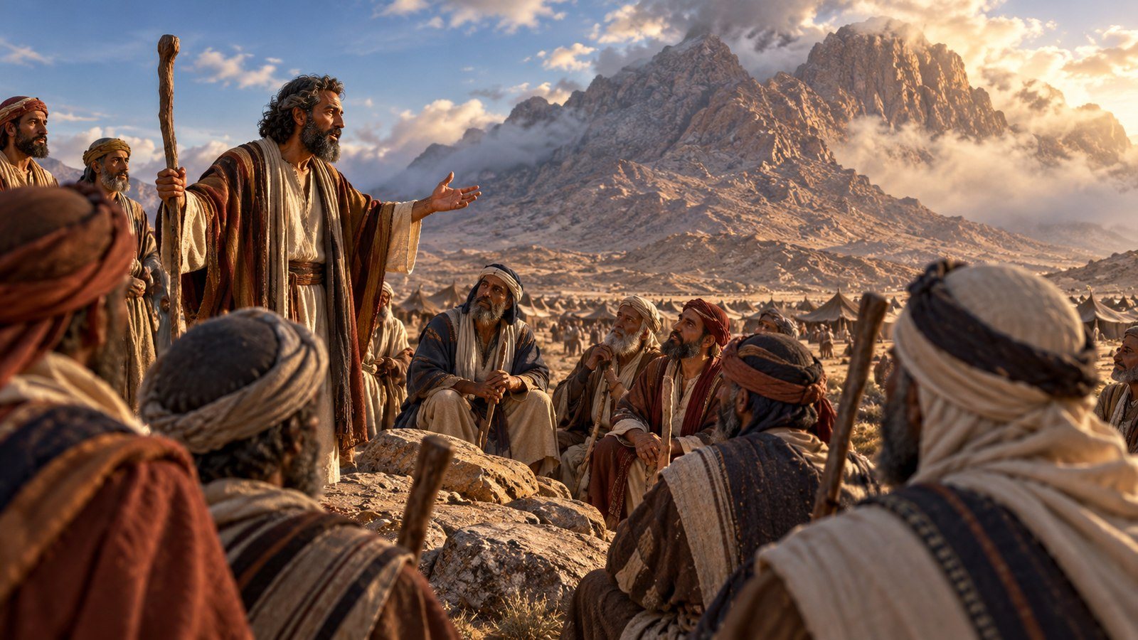 Moses brings God's covenant words to the elders Illustration: Moses brings God's covenant words to the elders. Moses brings the Lord's words to the elders of Israel at Sinai, and all the people answer that they will do everything the Lord has spoken.