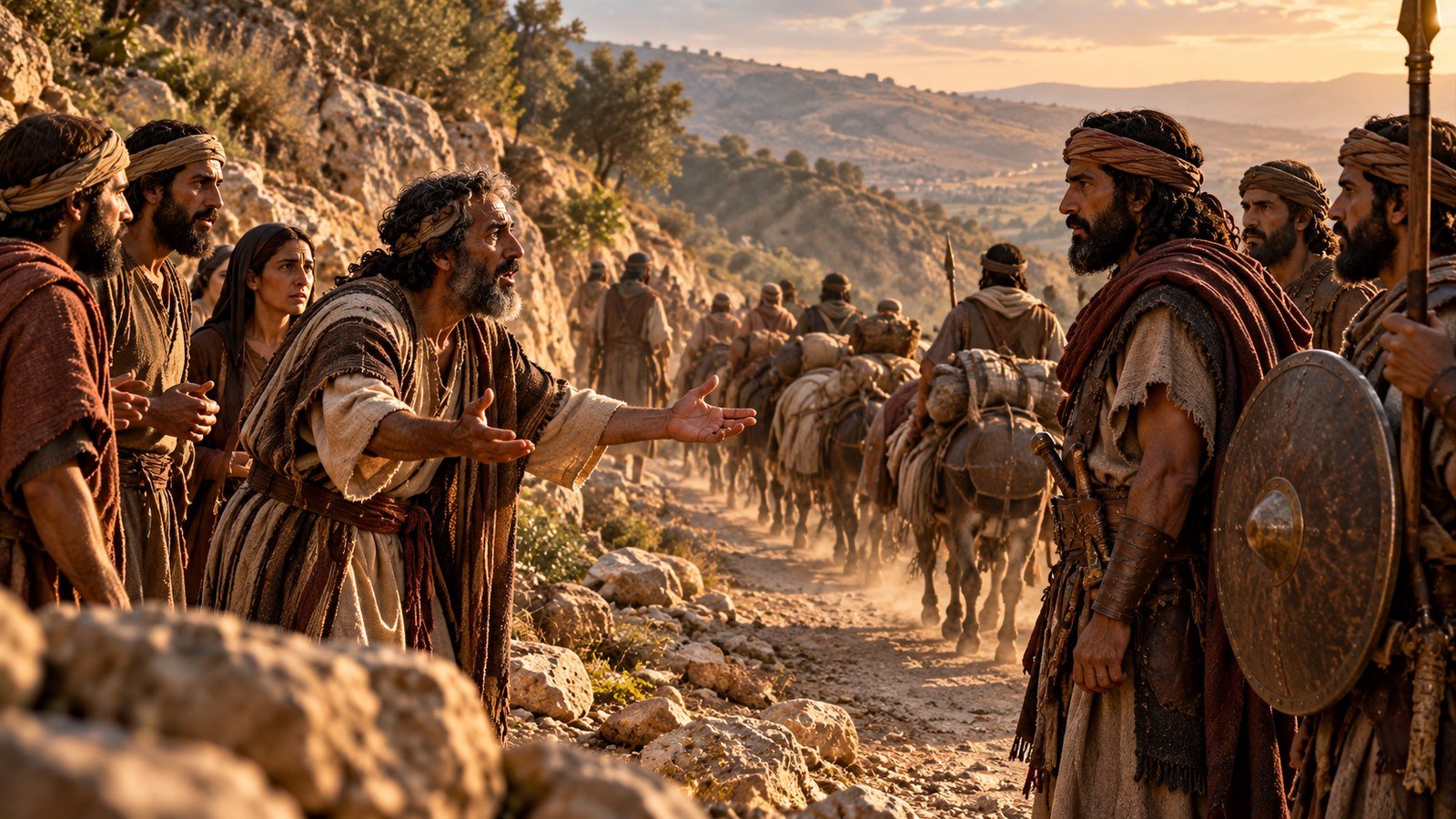 Micah confronts the departing Danites Illustration: Micah confronts the departing Danites. Micah pursues the Danites who have taken his household shrine and priest, and they warn him to stop before he loses his life.