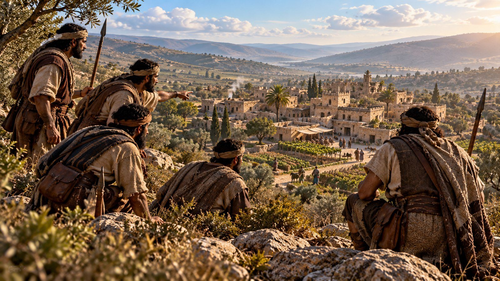 The five Danite scouts survey Laish Illustration: The five Danite scouts survey Laish. Five men of Dan scout the land and find Laish, a quiet city living in peace, far from help.