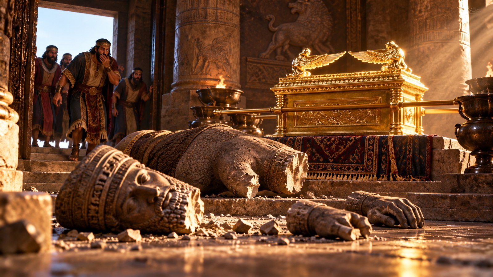 Dagon lies broken before the ark Illustration: Dagon lies broken before the ark. The Philistines find their god Dagon fallen and broken before the ark of the Lord, a sign that the Lord is greater than their idol.