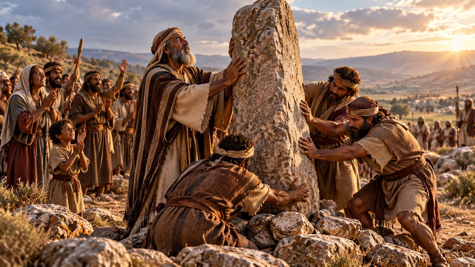 Samuel raises the Ebenezer stone Illustration: Samuel raises the Ebenezer stone. After the Lord's victory over the Philistines, Samuel sets up a stone named Ebenezer and says, "Yahweh has helped us until now."