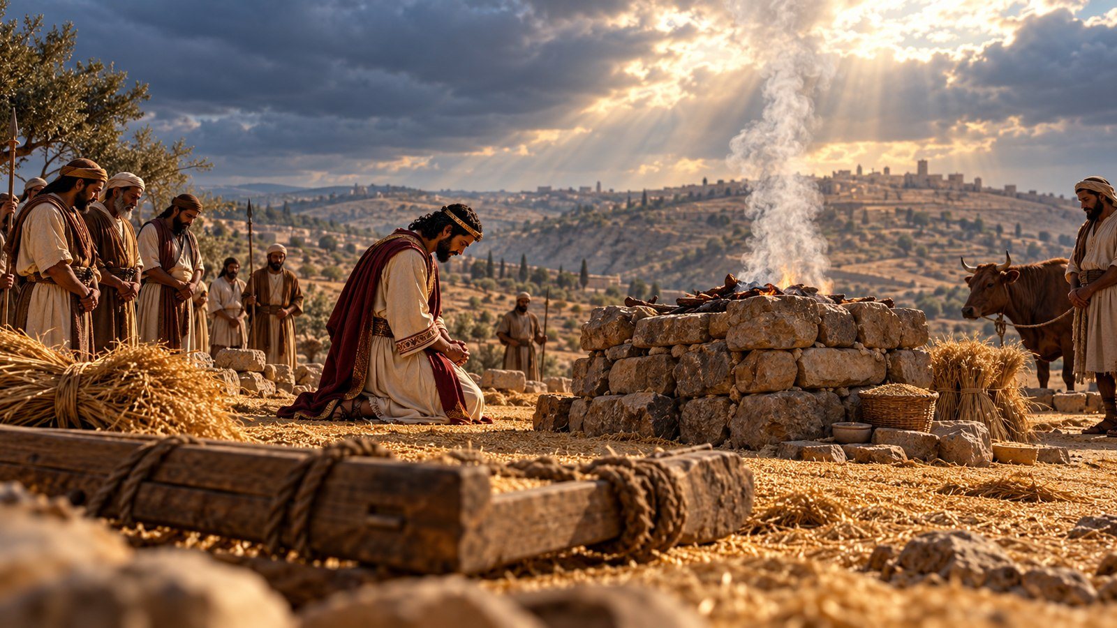 David sacrifices at Ornan's threshing floor Illustration: David sacrifices at Ornan's threshing floor. David sees that the Lord has answered him at the threshing floor of Ornan and offers sacrifices there, on the site that will become the Temple's.