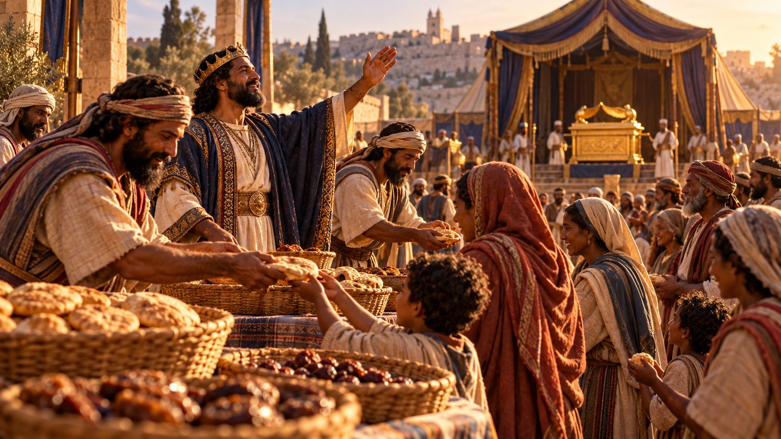 David blesses the people and distributes food Illustration: David blesses the people and distributes food. When the ark is set in its tent in Jerusalem, David offers sacrifices, blesses the people in the Lord's name, and gives every Israelite bread, meat, and raisins.