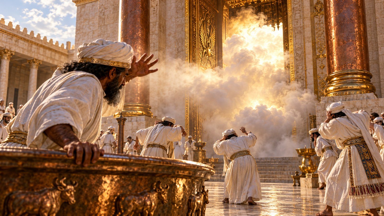 The glory cloud prevents the priests from ministering Illustration: The glory cloud prevents the priests from ministering. As the priests leave the sanctuary, a cloud fills the Lord's house and they cannot stand to minister, for the glory of the Lord fills it.