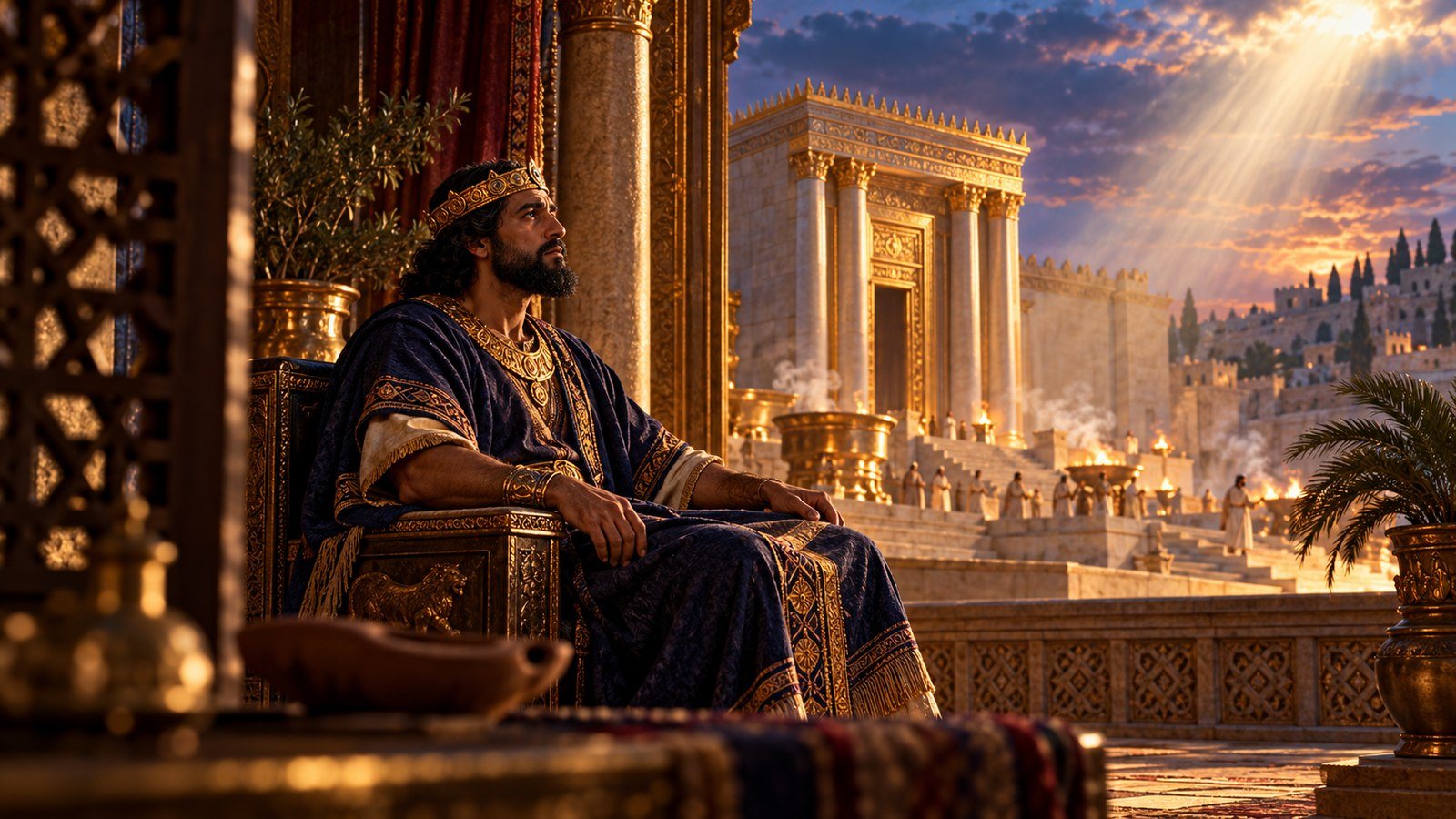 Solomon receives the warning to remain faithful Illustration: Solomon receives the warning to remain faithful. The Lord appears to Solomon a second time and warns him: if he walks faithfully his throne will stand, but if he turns away the Temple will become a ruin.