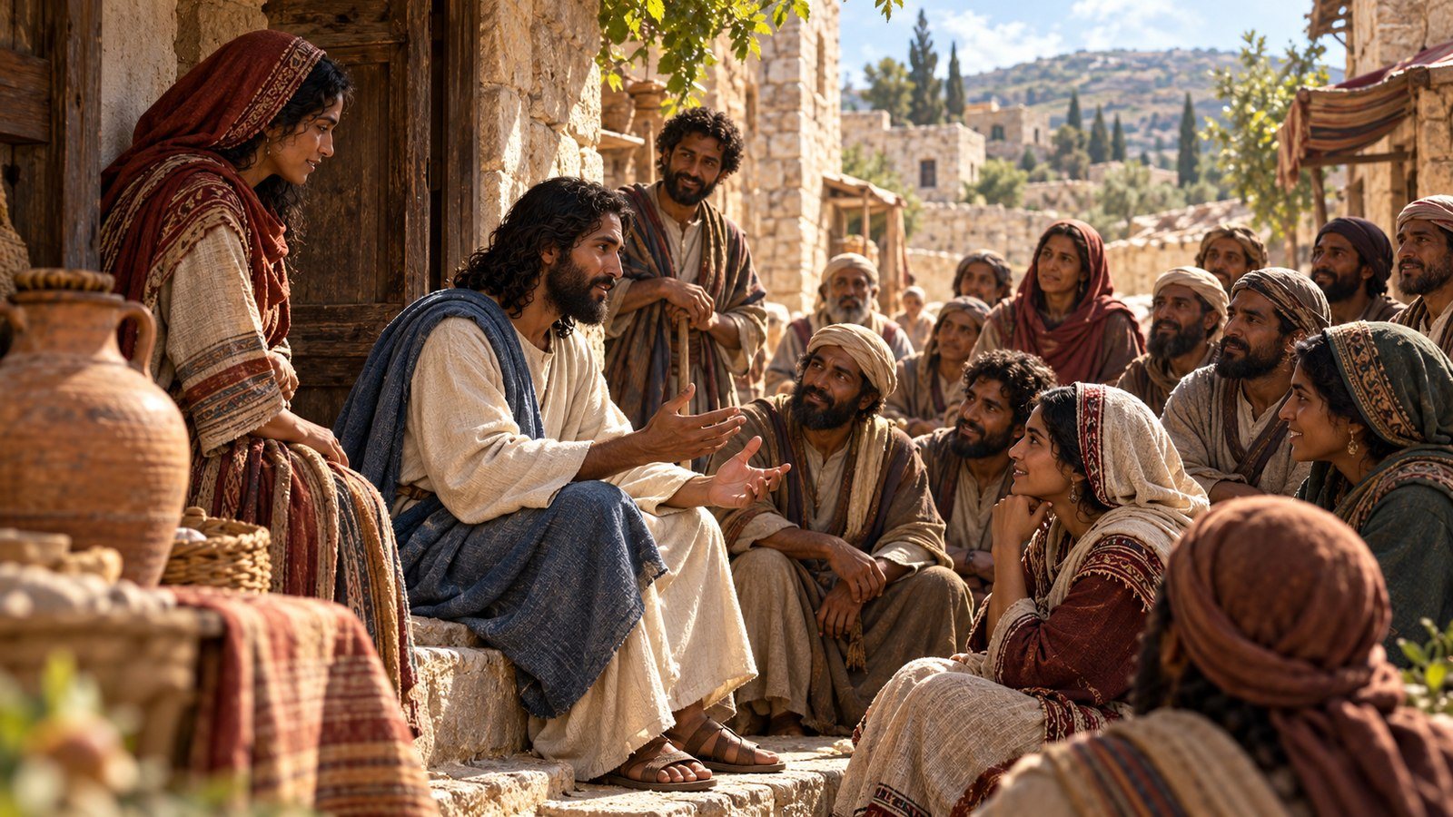Samaritans invite Jesus to stay Illustration: Samaritans invite Jesus to stay. After the woman at the well tells what she has found, many Samaritans believe in Jesus and ask Him to stay, and He remains two days.