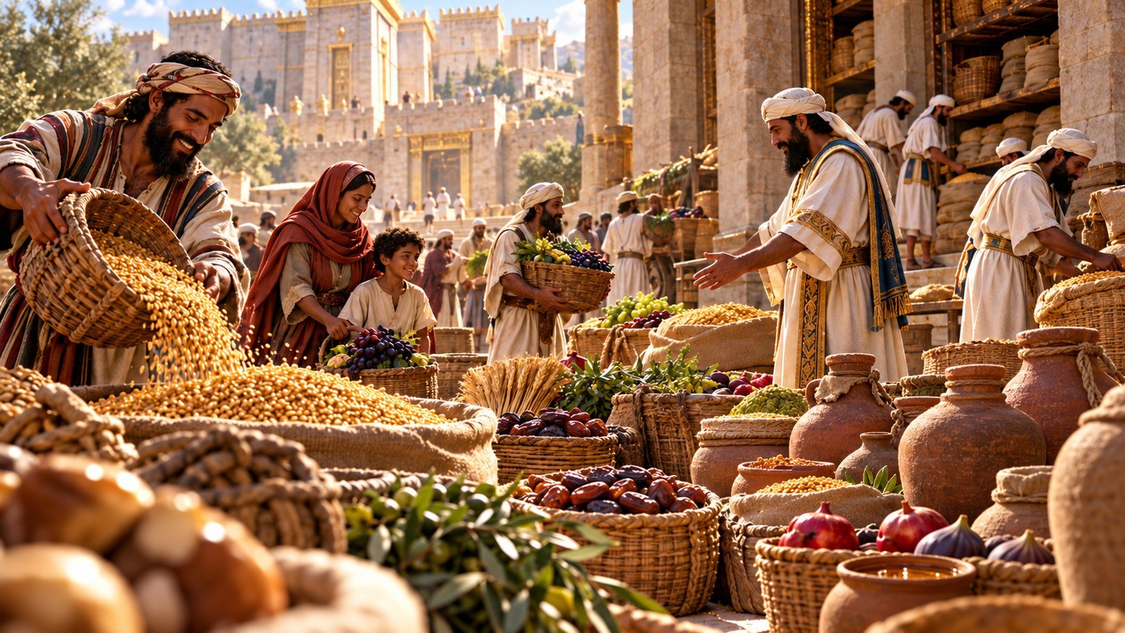 The people bring abundant firstfruits Illustration: The people bring abundant firstfruits. After Hezekiah's reform, the people bring abundant firstfruits and tithes for the priests and Levites, so that the Lord's house is supported.