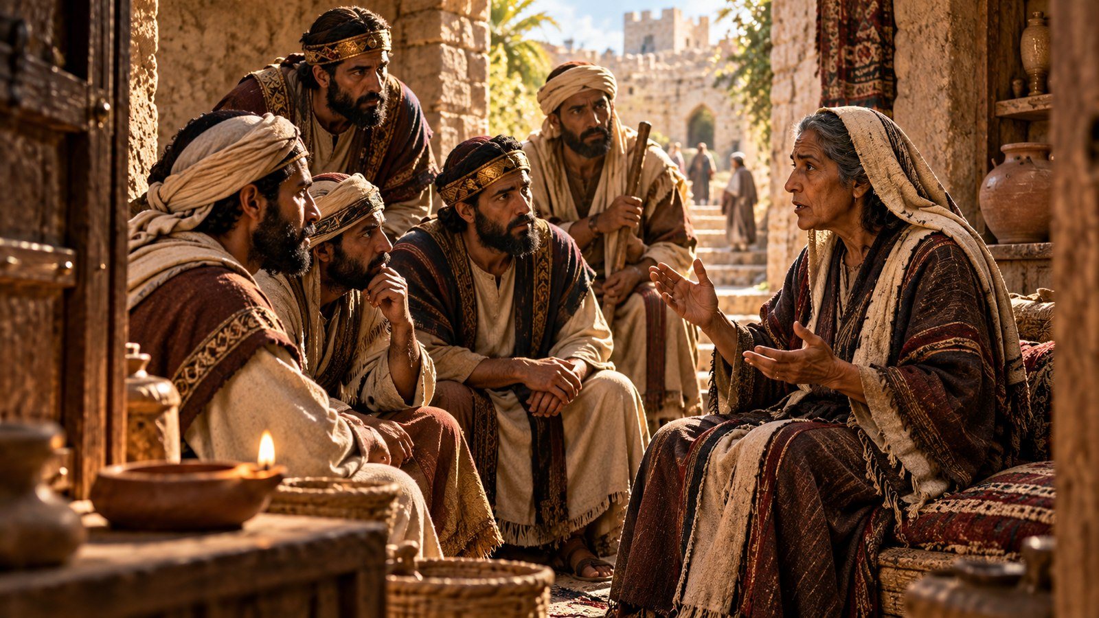 Josiah's messengers consult Huldah Illustration: Josiah's messengers consult Huldah. Josiah's messengers consult the prophetess Huldah, who confirms that judgment is coming but that the Lord has heard the king's humble heart.