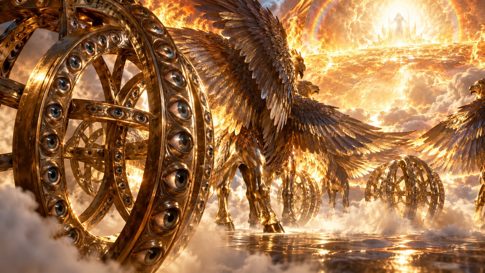 Ezekiel’s Vision: Wheels, Eyes, and Holy Fire Illustration: Ezekiel’s Vision: Wheels, Eyes, and Holy Fire. Ezekiel sees the living creatures and the wheels full of eyes beneath the throne of God's glory (Ezekiel 1; 10).