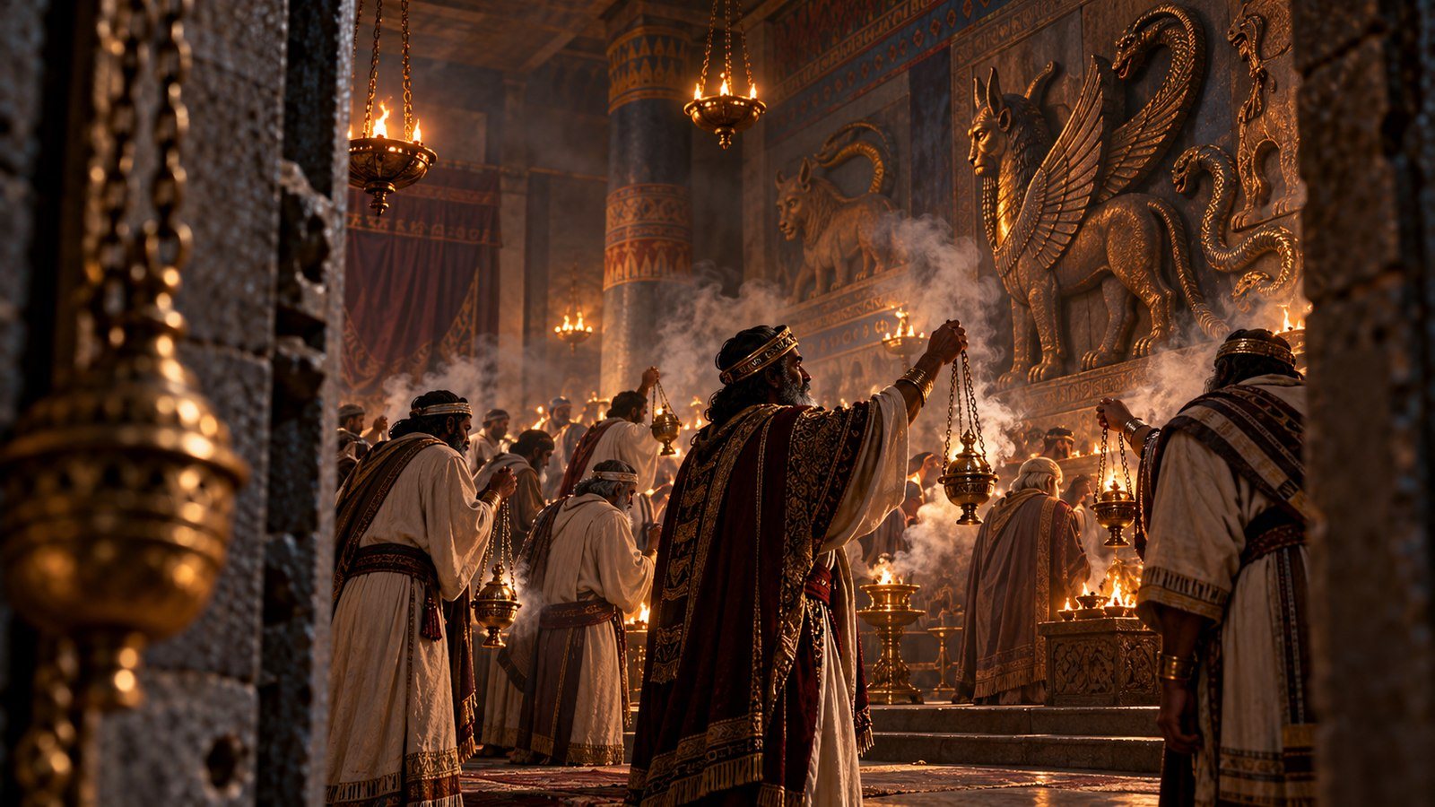 The elders burn incense before hidden images Illustration: The elders burn incense before hidden images. In the vision of the Temple, Ezekiel sees the elders of Israel burning incense before images carved on the walls, saying the Lord does not see them.