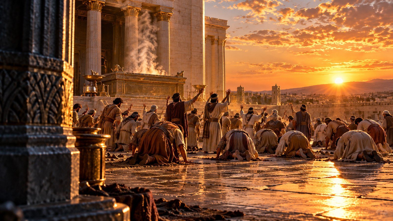 The men turn their backs on the sanctuary toward the sun Illustration: The men turn their backs on the sanctuary toward the sun. In the inner court of the Temple, about twenty-five men turn their backs on the sanctuary and bow to the sun in the east.