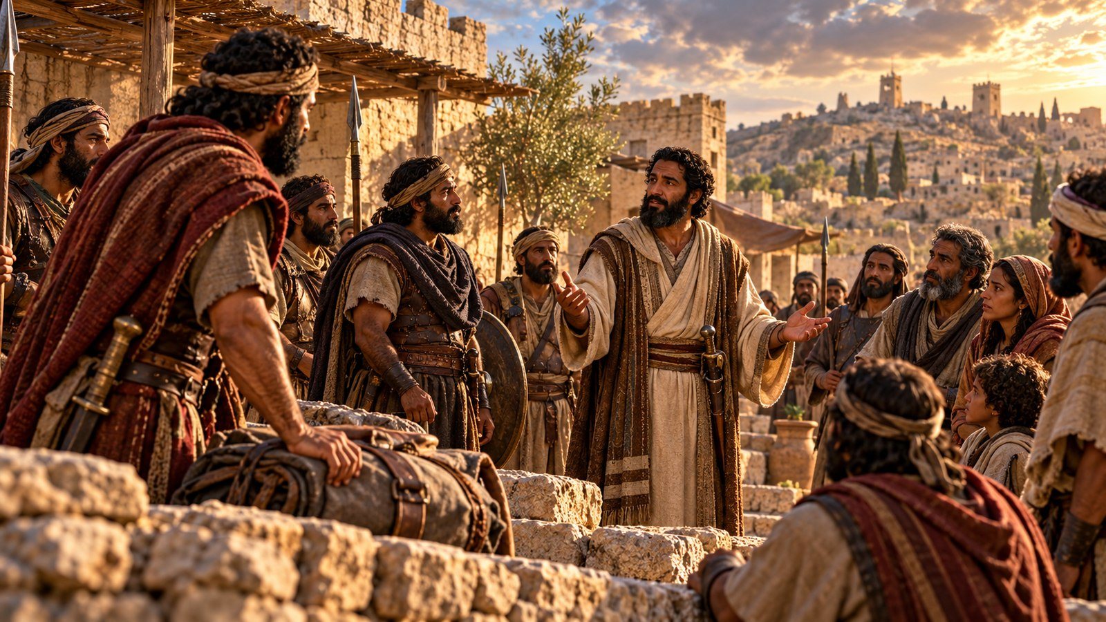 Gedaliah urges the remaining people to settle and serve Illustration: Gedaliah urges the remaining people to settle and serve. Gedaliah, appointed governor over those left in the land, urges them to settle, serve the king of Babylon, and live in peace.