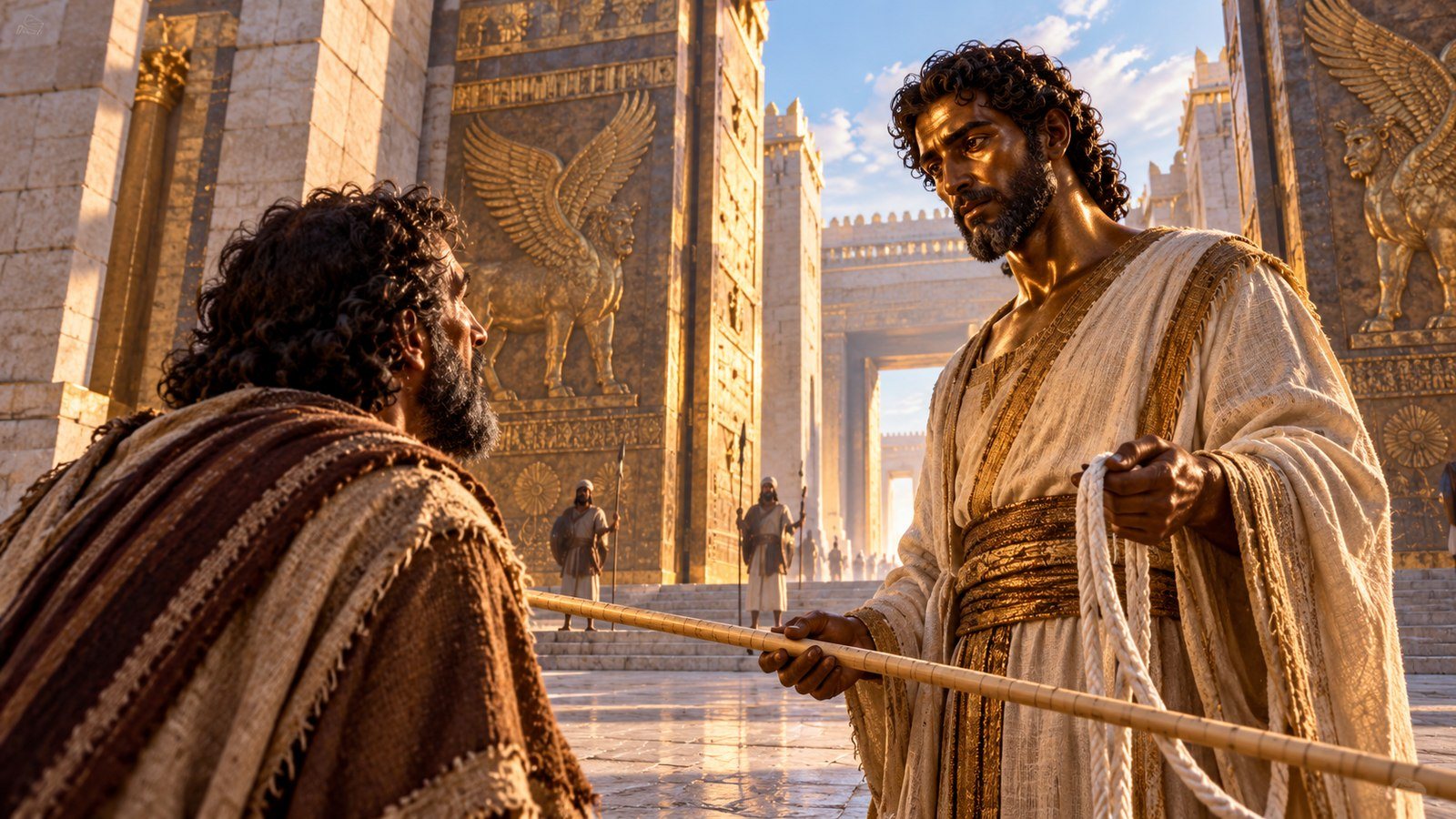 Ezekiel meets the bronze-like man at the gateway Illustration: Ezekiel meets the bronze-like man at the gateway. In his vision Ezekiel meets a man whose appearance is like bronze, standing in a gateway with a flax cord and a measuring rod.