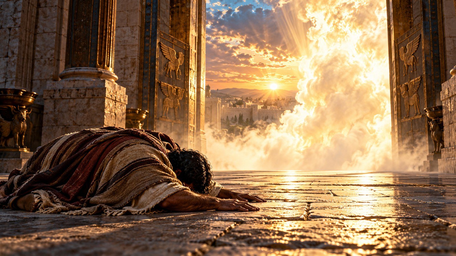 The glory enters by the east gate Illustration: The glory enters by the east gate. Ezekiel sees the glory of the God of Israel come from the east, with a sound like many waters, and the glory of the Lord fills the temple.