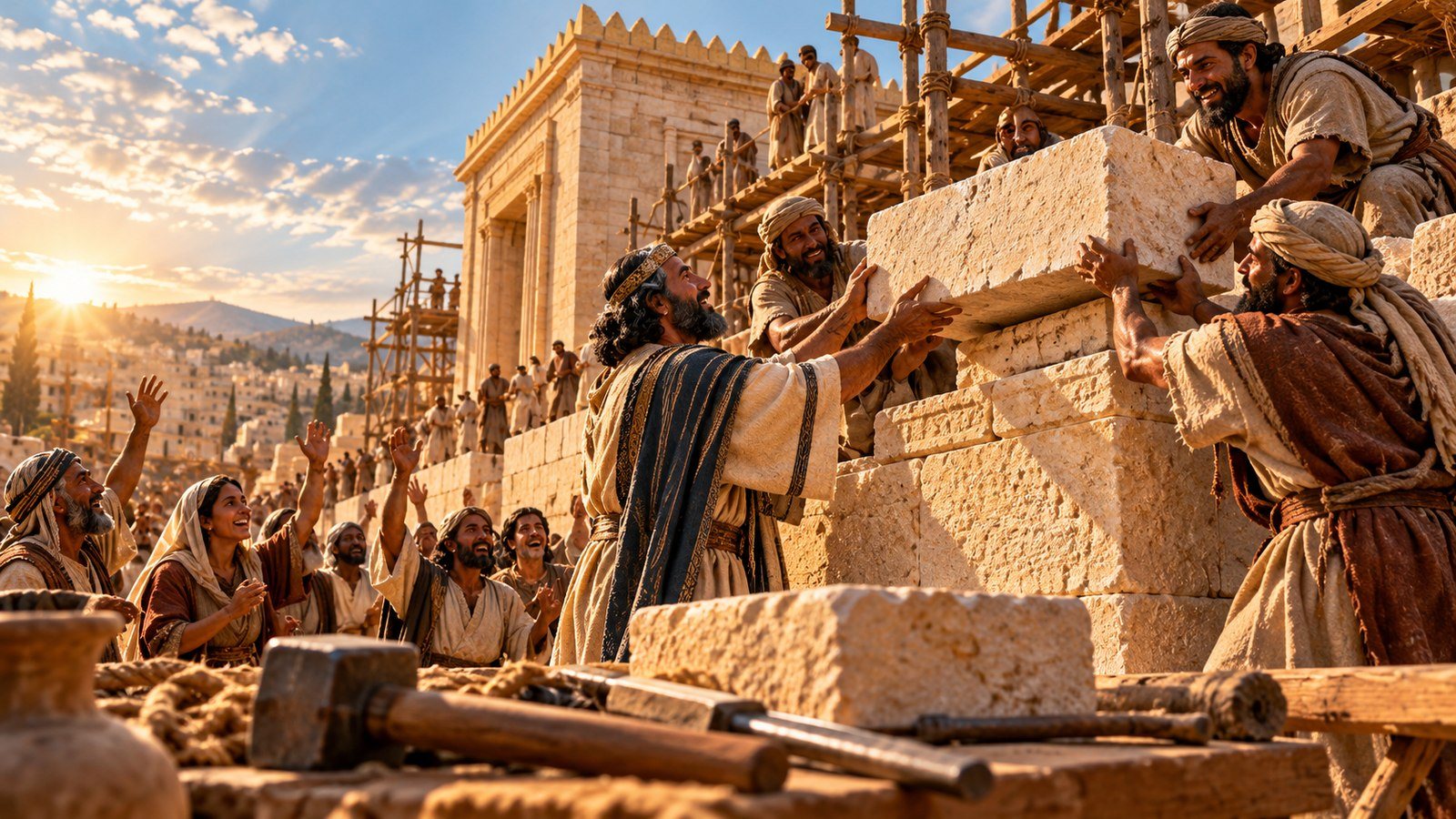 Zerubbabel brings out the finishing stone Illustration: Zerubbabel brings out the finishing stone. Zerubbabel brings out the top stone of the Temple as the people cry, "Grace, grace to it!" for the work is done by the Lord's Spirit.