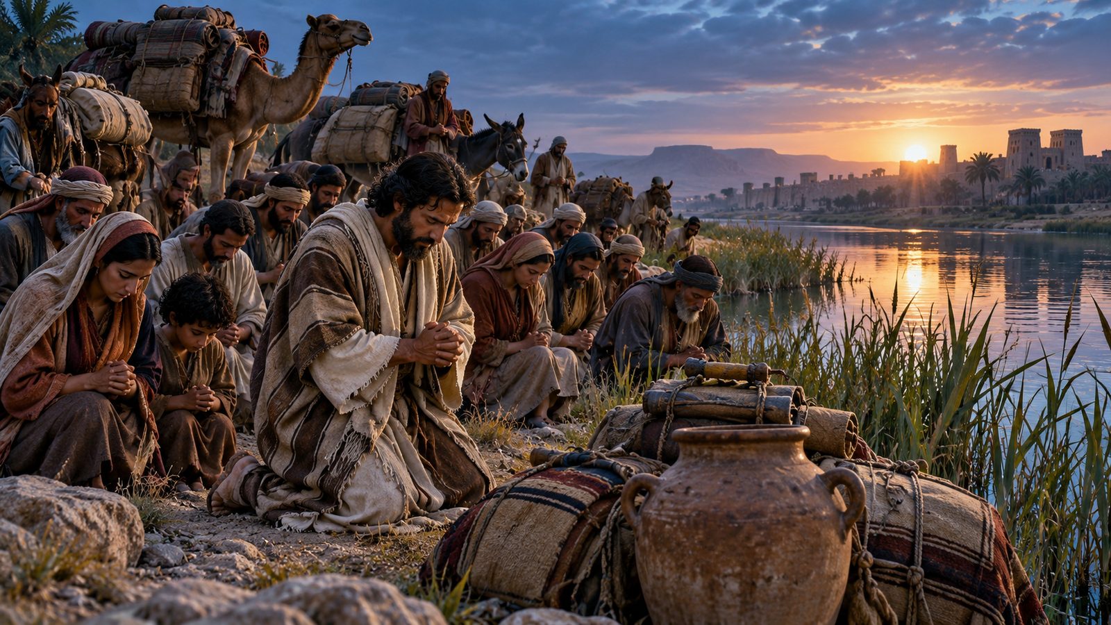 Ezra at Ahava: Prayer Before the Journey Illustration: Ezra at Ahava: Prayer Before the Journey