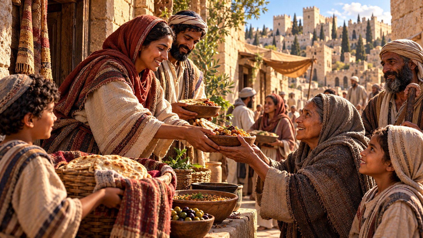 The people share portions with those without food prepared Illustration: The people share portions with those without food prepared. As the people weep at hearing the Law, they are told to rejoice, eat, drink, and send portions to those who have nothing prepared.