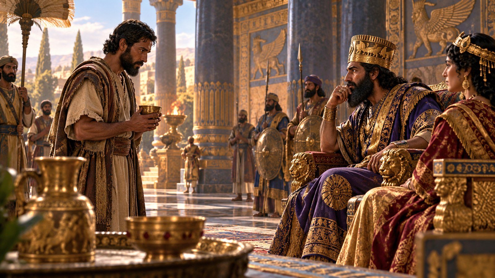 Nehemiah petitions Artaxerxes Illustration: Nehemiah petitions Artaxerxes. Nehemiah, the king's cupbearer, brings his request to Artaxerxes to be sent to rebuild the city where his fathers are buried.