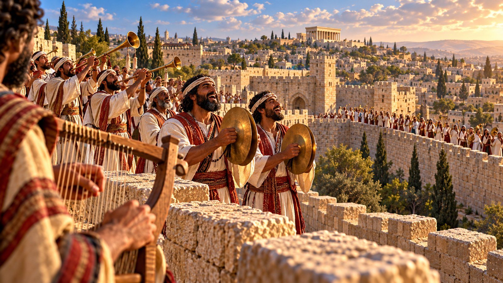 The choirs dedicate Jerusalem's completed wall Illustration: The choirs dedicate Jerusalem's completed wall. At the dedication of Jerusalem's completed wall, two great choirs of thanksgiving process in opposite directions along the wall.