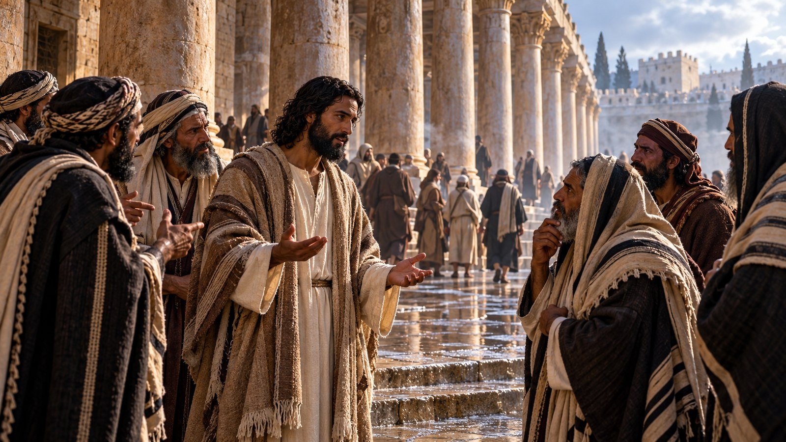 Jesus walks in Solomon's portico at the Feast of Dedication Illustration: Jesus walks in Solomon's portico at the Feast of Dedication. At the Feast of Dedication, Jesus walks in Solomon's portico of the Temple and tells those who question Him that His sheep hear His voice and no one can snatch them from His hand.