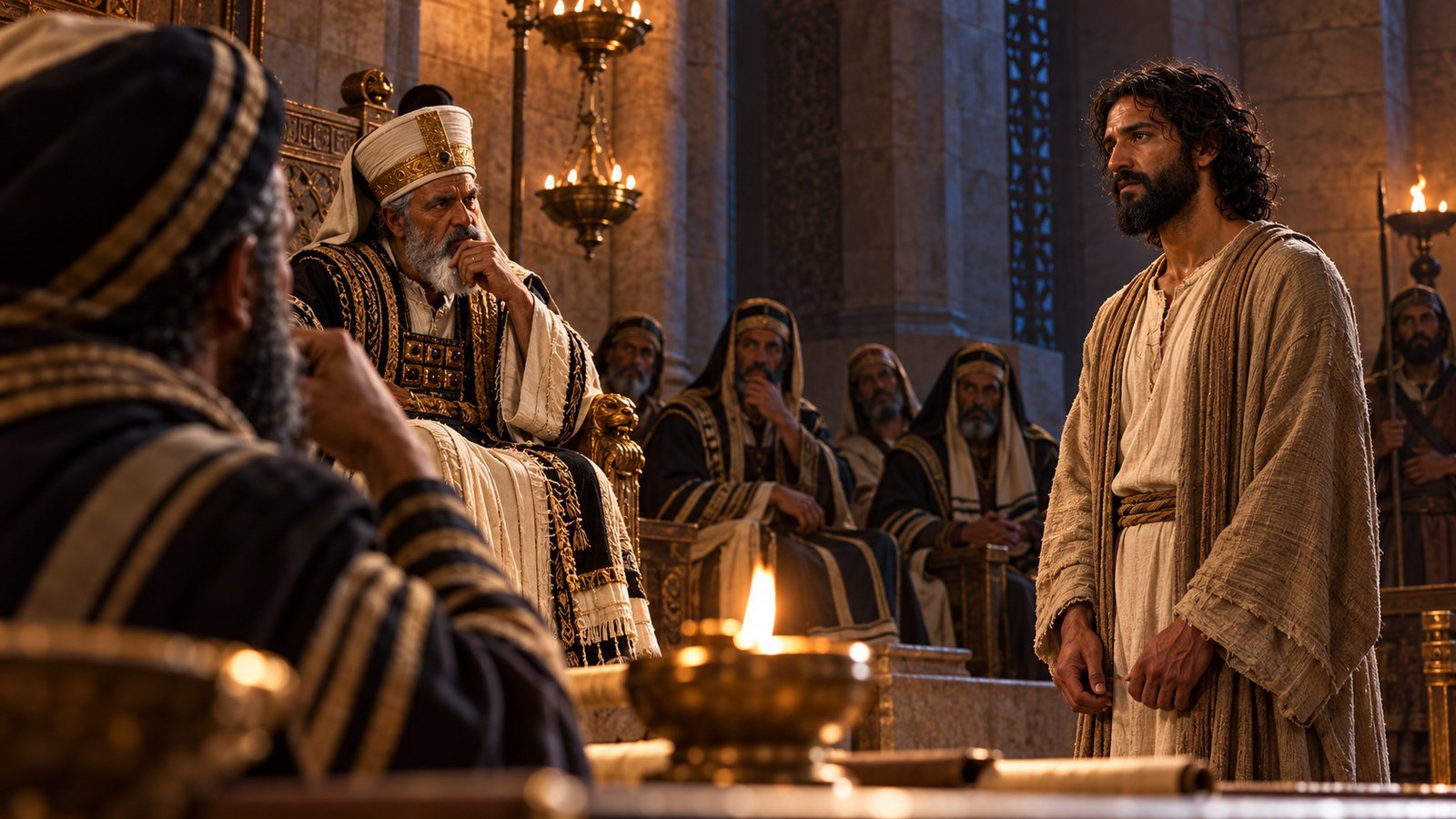 Jesus declares His identity before the high priest Illustration: Jesus declares His identity before the high priest. Before the high priest, Jesus declares that He is the Christ, the Son of the Blessed, and that they will see the Son of Man at the right hand of Power.