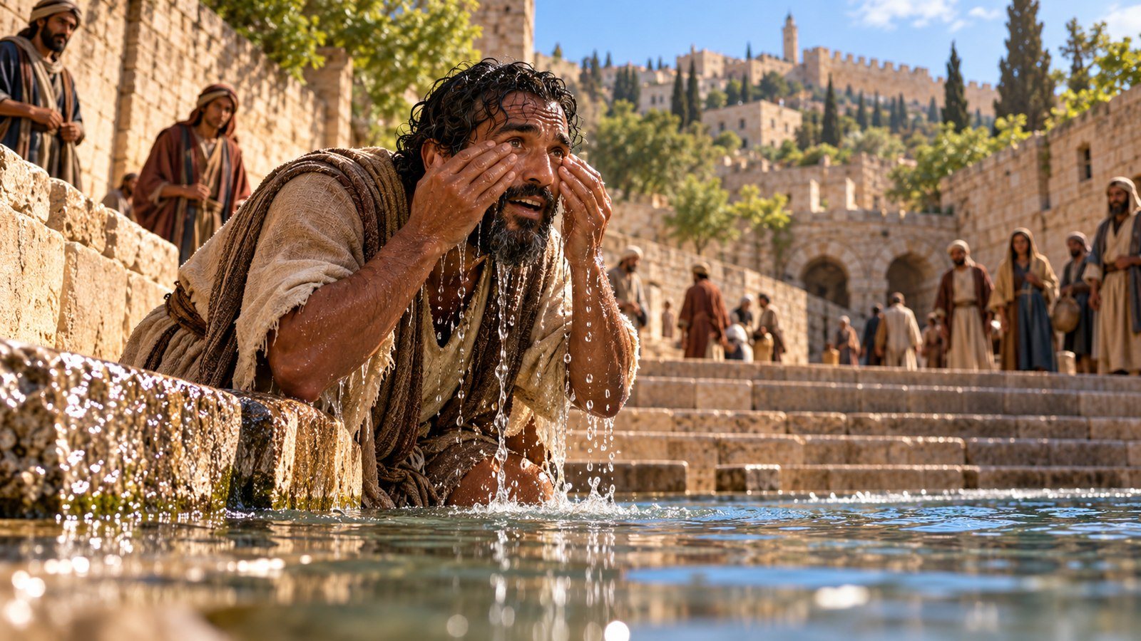 The man washes at Siloam and returns seeing Illustration: The man washes at Siloam and returns seeing. Jesus heals a man born blind and sends him to wash in the Pool of Siloam, and he returns seeing.