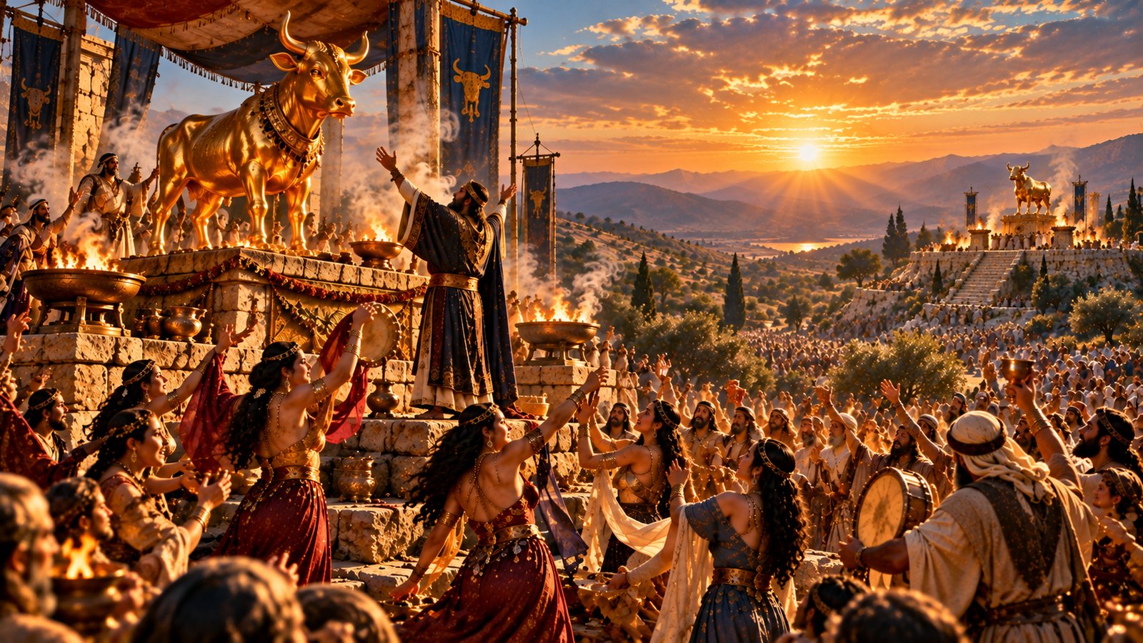 Illustration: Jeroboam's Rival Sanctuaries — Jeroboam sets up golden calves at Bethel and Dan (1 Kings 12:28–30).