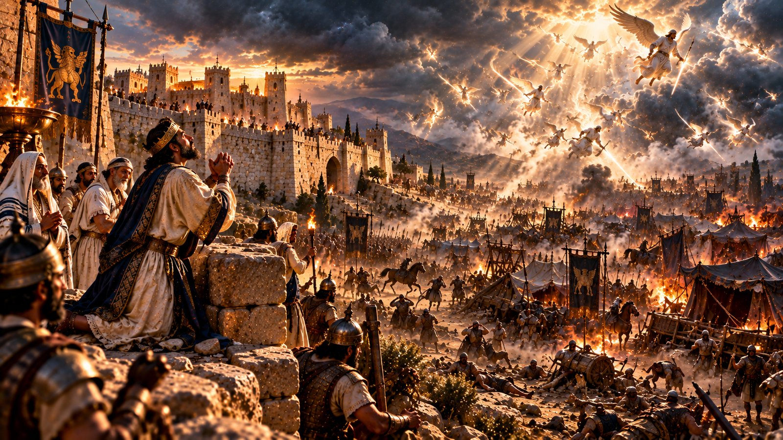 Illustration: Jerusalem Delivered — Hezekiah prays, and the Lord turns back the Assyrian army (2 Kings 19).