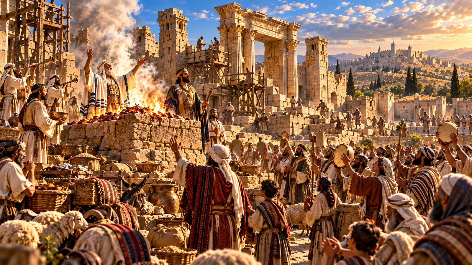 Illustration: The Altar Rebuilt — Jeshua and Zerubbabel rebuild the altar and offer sacrifices among Jerusalem's ruins (Ezra 3:1–6).