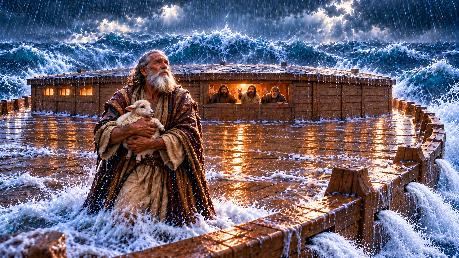 Illustration: Noah's Ark — God shuts Noah and his family in the ark and carries them through the Flood (Genesis 6–8).