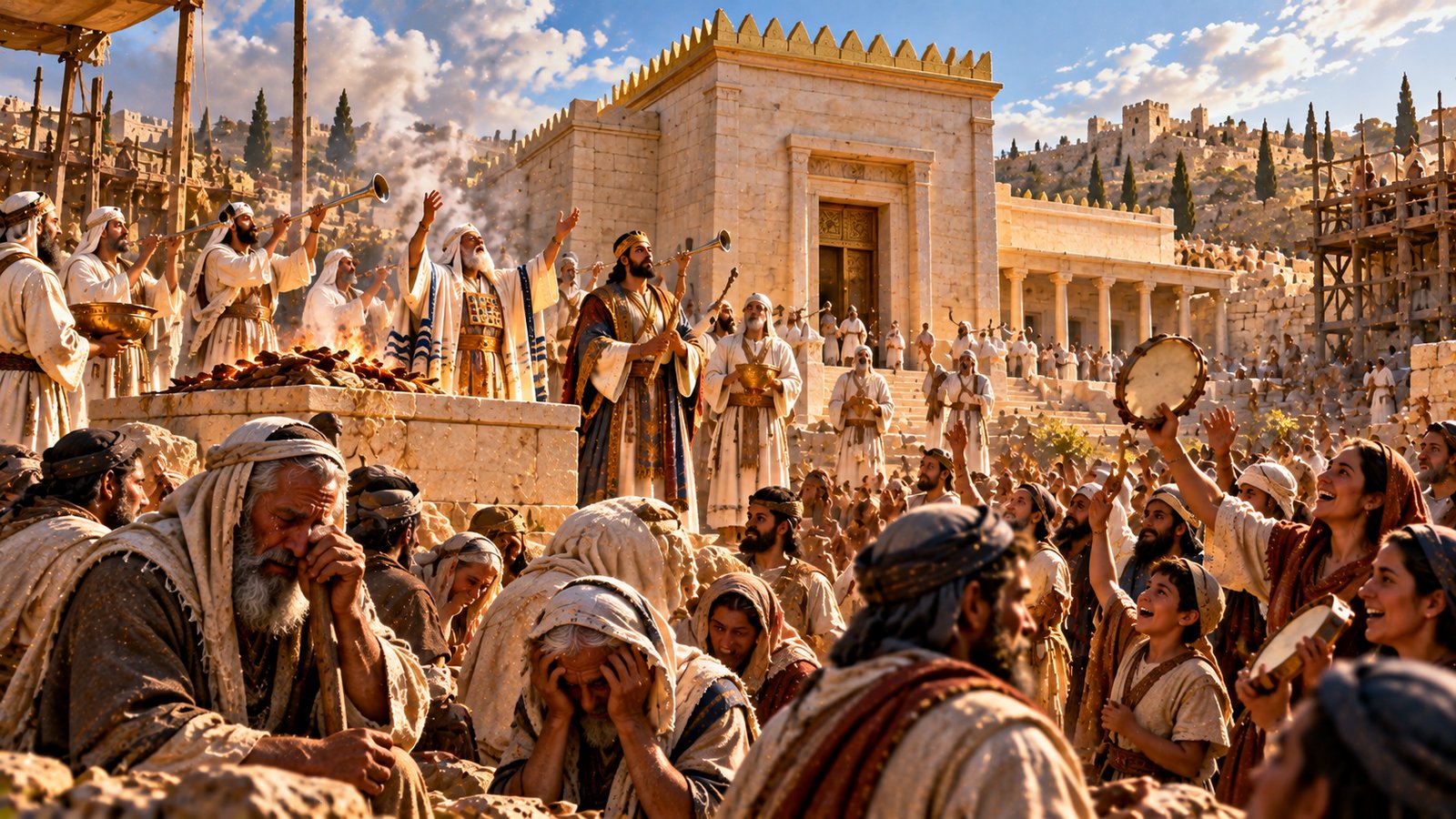 Illustration: Zerubbabel's Temple — At the laying of the foundation some shout for joy while the old men weep (Ezra 3:10–13).